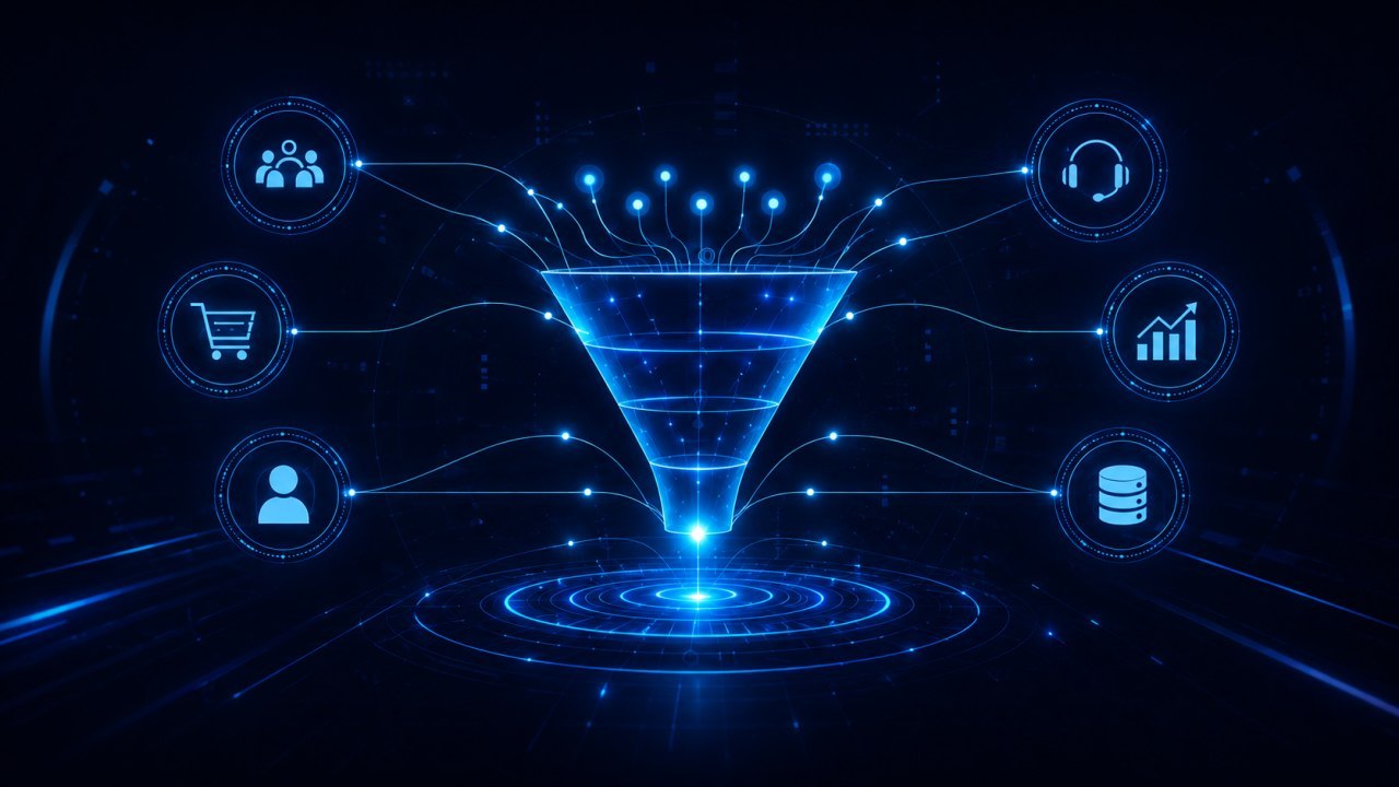 Funil digital conectando audiência, compra, atendimento, crescimento e dados